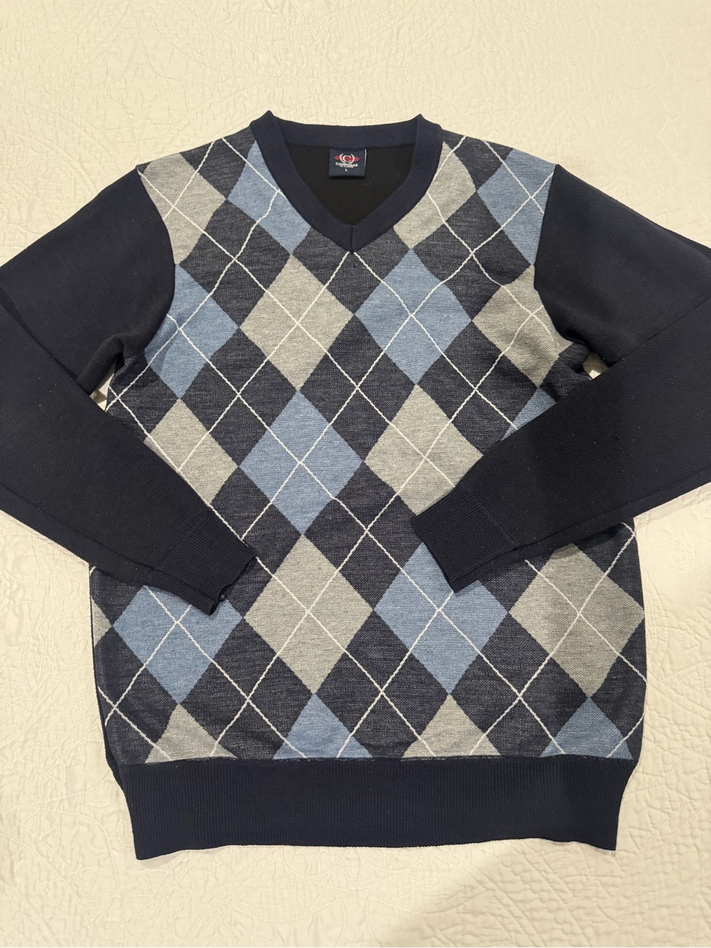 V-Neck Argyle Sweater - Navy, Light Blue & Gray